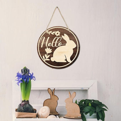 10" Easter Round Wooden Hanging Sign With Sisal Rope - Rustic Bunny Hello Wooden Plaque For Front Door, Porch, Outdoor Indoor, Farmhouse Wall Decor Party Favor & Decorations - B02
