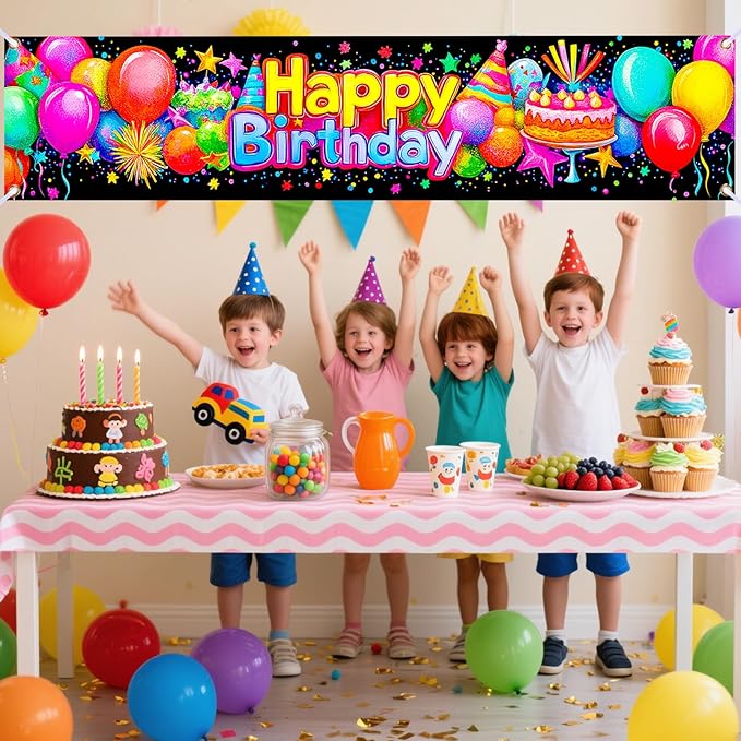 Nuxovilar Happy Birthday Banner Decorations 17.72x78.74 Inch Colorful Party Theme - Polyester for Indoor Outdoor Birthday Party Decor