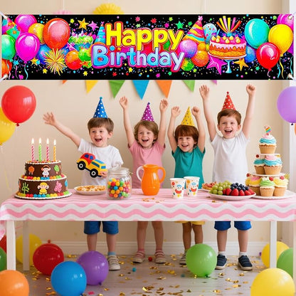 Nuxovilar Happy Birthday Banner Decorations 17.72x78.74 Inch Colorful Party Theme - Polyester for Indoor Outdoor Birthday Party Decor