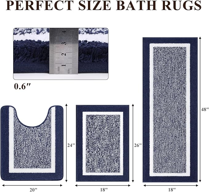 Pauwer 3 Piece Bath Mat Set, Non-Slip Plush Rugs, Absorbent Shaggy Set With U-Shaped Contour Toilet Mat for Bathroom, Bedroom, Living Room, Navy