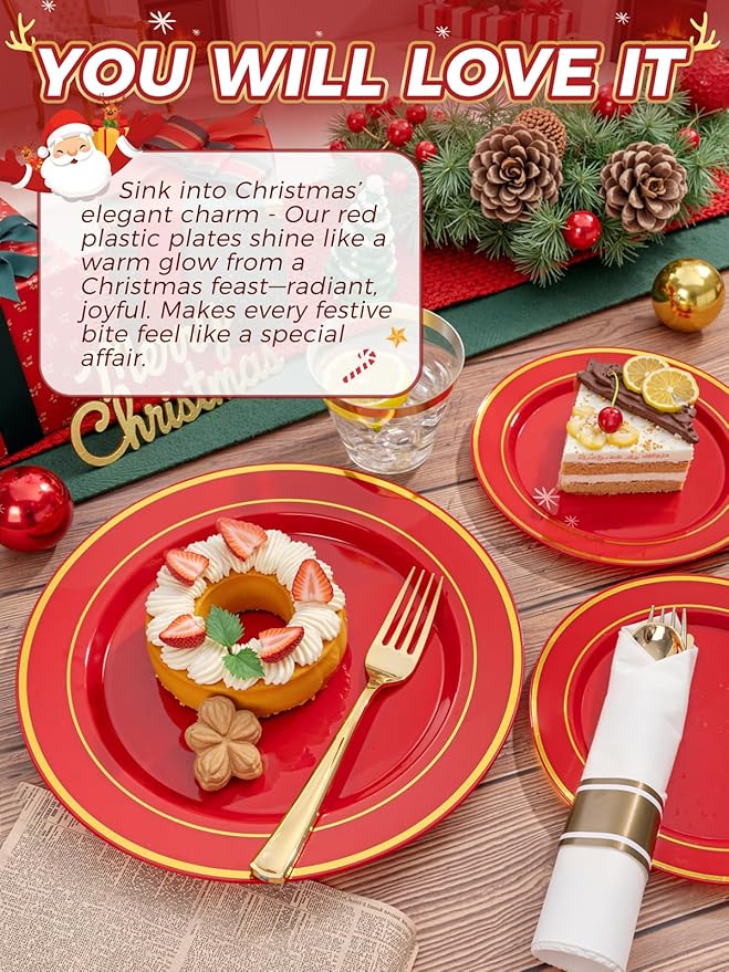 175 Pieces Red Plastic Plates with Gold Rim Include Dinner Plate 10”, Dessert Plate 7”, gold Cups 9 OZ, Pre Rolled Napkins 25 of each type for Christmas Party