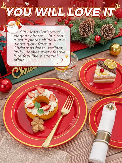 350Pieces Red Plastic Plates with Gold Rim Include 50Dinner Plate 10”, 50Dessert Plate 7”, 50 gold Cups 9 OZ, 50 Pre Rolled Napkins for Christmas Party