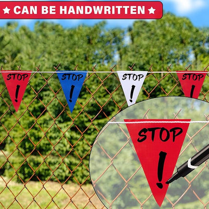 105ft Red White and Blue Pennant Banner Flag, 7"x10" Fluorescent Safety Flagging Banner Warning Flag for Construction Site/Boundary Barrier Signs, Perimeter Marking Flags on String, 45 Flags