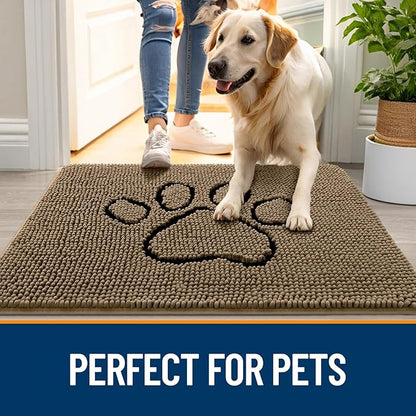 OLANLY Dog Door Mat for Muddy Paws 40x32, Paw Print Design, Absorbs Moisture and Dirt, Absorbent Non-Slip Washable Doormat, Quick Dry Chenille Mud Mat for Dogs, Entry Indoor Entryway Carpet, Tan