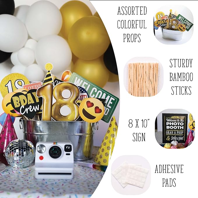 18th Birthday Photo Booth Props - 41-pc Photobooth Kit with 8 x 10-Inch Sign, 60 Adhesive Pads, 45 Sticks - 18th Birthday Decorations for Girls and Boys - 18 Photo Booth Props