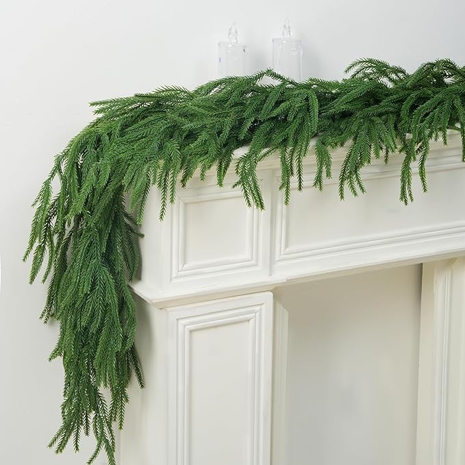 2 PCS-6FT Artificial Norfolk Pine Garlands - Real Touch Winter Pine Garland, Green Artificial Greenery Garland for Table, Mantle, Wall, Indoor, Outdoor Christmas Decorations