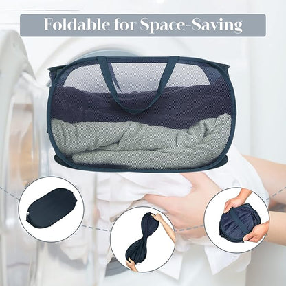 4 Pack Durable Collapsible Laundry Baskets, Mesh Foldable Laundry Basket, Pop Up Laundry Hamper with Pocket, Clothes Hamper with Reinforced Handles for Laundry, Bathroom, Kids Room, Dorm or Travel