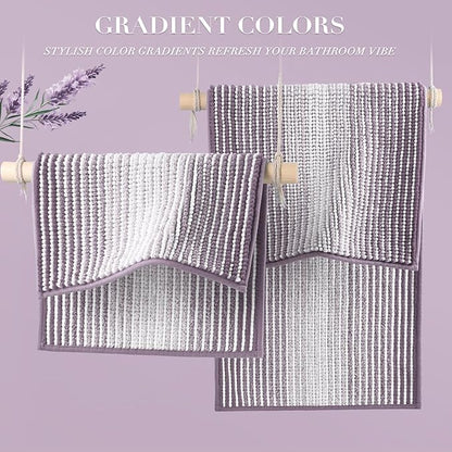 Bathroom Rugs and Mats Sets, 2 Piece Thick Absorbent Chenille Bath Mat Rug Set Non Slip, Soft Shaggy Bath Room Floor Mats for Bathroom, Machine Washable (Lavender Purple, 20" x 32" Plus 16" x 24")