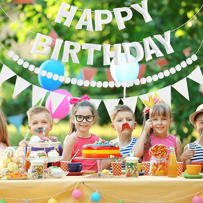 CANREVEL Pre-Strung 3D Happy Birthday Banner, 3 PCS White Happy Felt Garland, Pom Pom Garland, Triangle Fabric Bunting, Reusable White Birthday Decorations