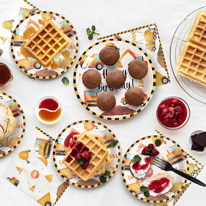 96pcs Construction Birthday Party Plates Disposable Tableware Set Paper Plates Round for 24 Guests Party Table Supplies Kids Party Picnic (Include Plates, Forks and Napkins)
