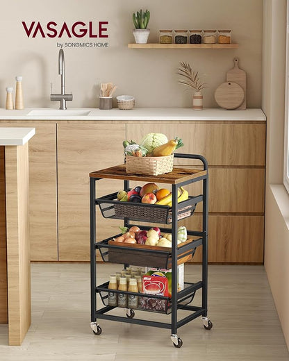 VASAGLE Storage Rolling Cart with Pull-Out Baskets, 4-Tier Utility Cart Orgnizer with Wheels for Laundry Room, Kitchen, Handle, 12.5 x 15.8 x 29.9 Inches, Rustic Brown and Ink Black ULRC040K01