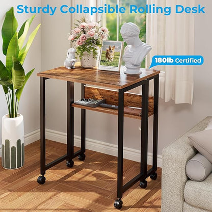 GreenForest Folding Desk Small Rolling Desk with Storage Shelf, 31.5 inch Foldable Computer Desk with Wheels for Small Space, Easy Assembly,Walnut