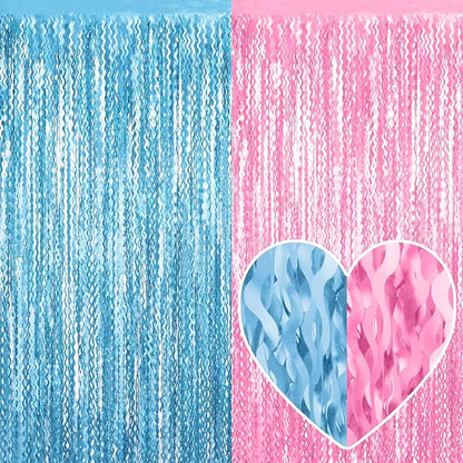 4 Pack Macaron Pink Blue Fringe Curtain Backdrop 3.2Ft x 8.2Ft Metallic Tinsel Foil Fringe Streamers Background for Photo Booth Mother's Day, Easter, Carnival, Birthday, Wedding Party Decoration