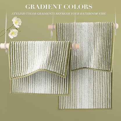 Bathroom Rugs and Mats Sets, 2 Piece Thick Absorbent Chenille Bath Mat Rug Set Non Slip, Soft Shaggy Bath Room Floor Mats for Bathroom, Machine Washable (Linden Green, 20" x 32" Plus 16" x 24")