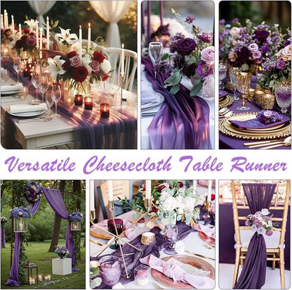 3 Pack 10FT Dark Purple Cheesecloth Table Runner 35x120 Inch Boho Gauze Table Runner Rustic Cheese Cloth Long Romantic Table Runners for Wedding Bridal Shower Birthday Party Table Decor (Grape)