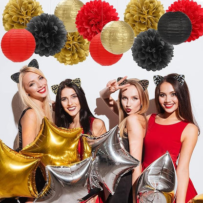 Red-Black Gold Party-Decorations Paper Flowers Lanterns - 15PCS Casino Theme Halloween Tissue Pom Poms Streamers,Game Night Women Men Birthday Wedding Bachelorette Hanging Supplies Decor Hugfond
