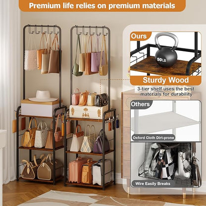 Floor-Standing Purse Organizer for Closet with 5 Hangers & 6 Side Hooks, Tall Purse Rack Stand for Purse Storage, High-Capacity Handbag Organizer, Multi-Purpose Purse Storage Organizer for Small Place