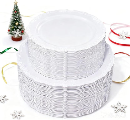 U-QE 100 Pieces White Plastic Plates - White Disposable Plates - Premium Hard Plastic Disposable Plates for Christmas and Party Use Including 50 Dinner Plates 10 '' & 50 Dessert Plates 7.5 ''