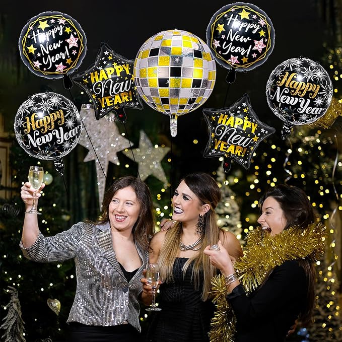 Happy New Year Balloons 4D Black Gold New Years Nye Balloons for New Years Eve Decorations 2026 Happy New Year Eve Party Supplies