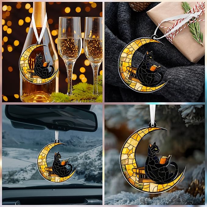 FLAGWIX Christmas Book Lovers Gifts for Readers - Acrylic Christmas Ornaments 2025 - Reading Nerd Librarian Bookish Gifts for Book Lovers, Black Cat Gift, Cat Decor Ornament for Christmas Decorations