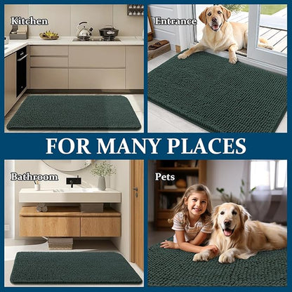 OLANLY Dog Door Mat for Muddy Paws 70x35, Absorbs Moisture and Dirt, Absorbent Non-Slip Washable Doormat, Quick Dry Chenille Mud Mat, Entry Indoor Entryway Carpet for Inside Floor, Blackish Green
