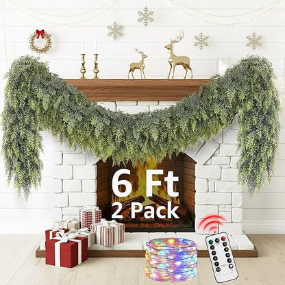 Cedar Christmas Garland for Mantle - 2 pack Decorations with Lights 6 ft Realistic Lighted Faux Pine Garlands for Xmas Home Decoration Indoor Stairs Railing Fireplace Outdoor Prelit Garland Door Decor
