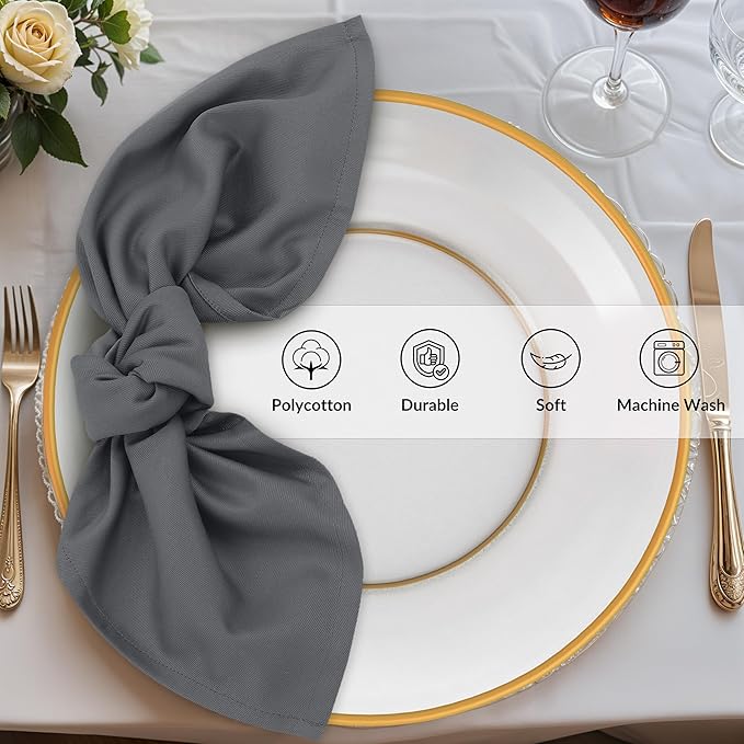 Zoyer Cloth Napkins Set of 12, 18x18 Inches Cotton Enrich Napkins Cloth ‎Washable, Soft & Durable Dinner Napkins for Parties, Wedding, Christmas, ‎Thanksgiving & Everyday Use - Charcoal Grey