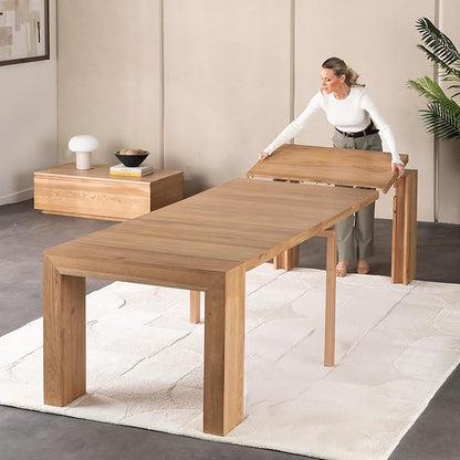 Transformer Table - Solid Wood Extendable Dining Table, Seats 2-12, Expandable Dining Room Table, Space-Saving Furniture, Kitchen and Dining Room Furniture (Natural, Table + Coffee Table)