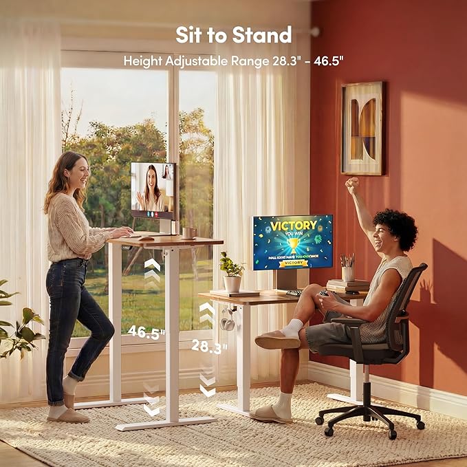 FEZIBO Standing Desk, 63×28 Inches Electric Height Adjustable, Sit Stand Up, Computer Office Desk with Splice Board, White Frame/Light Rustic TOP