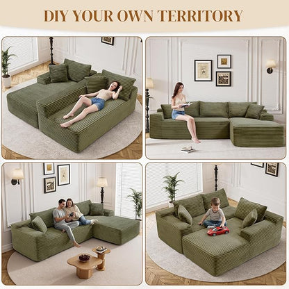 95" L Shaped Boneless Sectional Couches, Wide Armrest, Deep Seat, Memory Foam, Assembly Free, Modern Comfy Corduroy Fluffy Cloud Sofa with Right Chaise for Living Room, Small Spaces, Green
