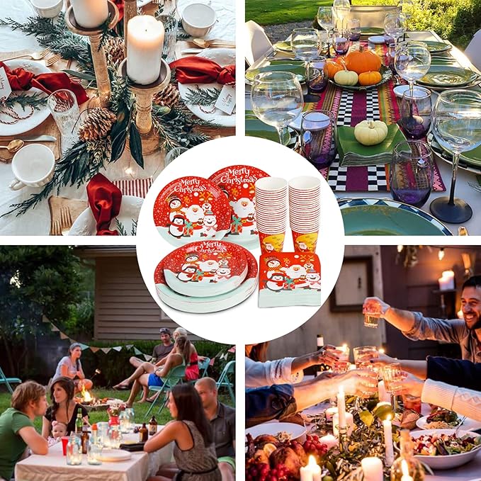 CCINEE Christmas Party Supplies Paper Plates, 96pcs Table Decorations Christmas Disposable Dinnerware Set Includes Paper Plates Napkins Cup Serves 24 for Xmas Holiday Party Supplies