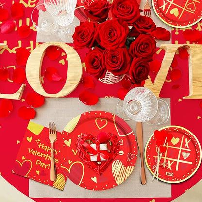Valentine's Day Party Supplies Red Heart Love Disposable Paper Plates Napkins Cups plastic Tablecloth for Valentine's Day, Engagements, Anniversary, Birthday Party Serve 25