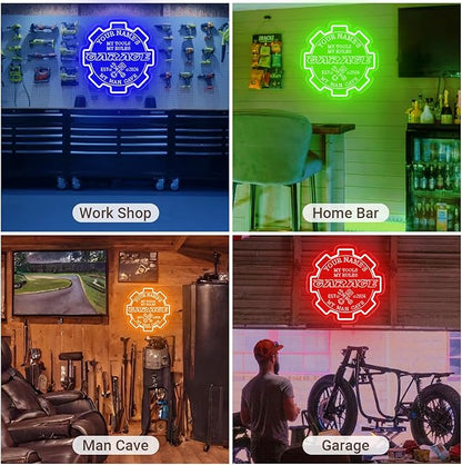 Custom Garage Neon sign for Wall Decor with Timing Remote, Personalized Gear Garage LED Neon Light for Man Cave, Home Bar, Workshop, Son Dad Birthday Gift WARM WHITE