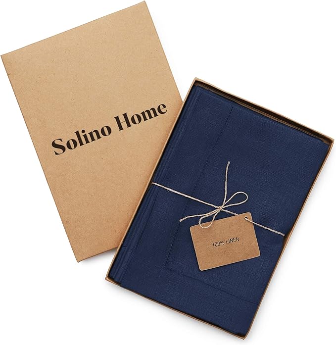 Solino Home Navy Blue Linen Napkins Set of 4-100% Pure Linen Hemstitch Dinner Napkins 20 x 20 Inch for Fall, Autumn, Christmas, Holiday, Winter, New Year - Classic Hemstitch