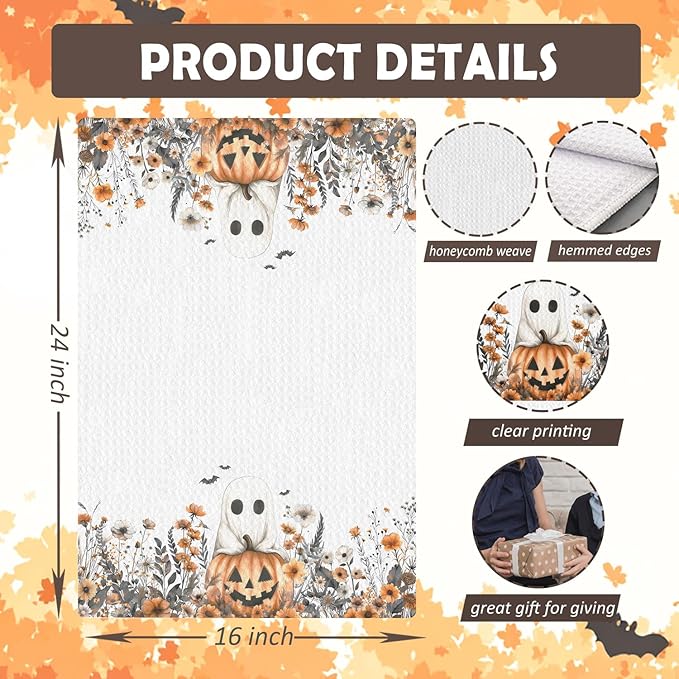 Halloween Ghost Pumpkin Kitchen Towels, Fall Floral Halloween Dish Tea Towels for Kitchen Decor, Rustic Autumn Wildflower Botanical Decorative Hand Towel for Bathroom, 16x24 Inches