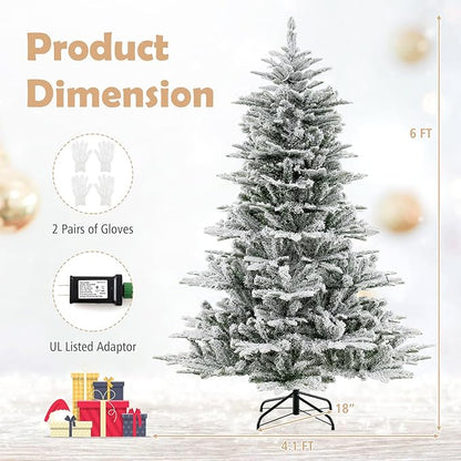 GOFLAME 6FT Pre-Lit Christmas Tree Snow Flocked, Hinged Artificial Xmas Tree with 661 Branch Tips, 500 Cold White LED Lights, 3 Lighting Modes, Timer, Remote, Holiday Decoration Tree for Home Party