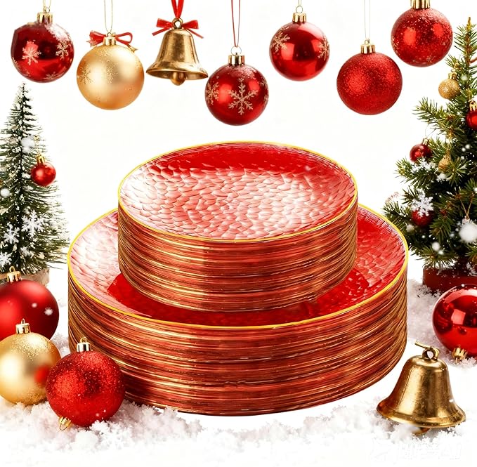 SUT 100Pcs Red Plastic Plates, Hammered Plates Disposable Heavy Duty, Red Disposable Plates With Gold Rim, Fancy Plastic plates Include 50 Dinner and 50 Dessert Plate for Wedding
