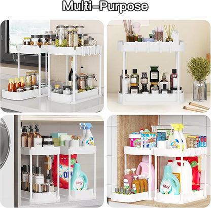 2 Pack Multi-Purpose Pull-Out Storage Organizers, Under Sink Organizers and Storage for Bathroom & Kitchen, Under Cabinet Organizers and storage, 14.8 Inch, White