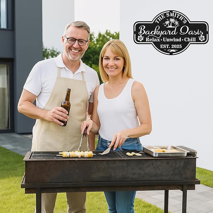 Custom BBQ Metal Wall Sign, Personalized Grill Name Cut Sign for Backyard Patio, Rustic Outdoor Barbecue Decor Gift