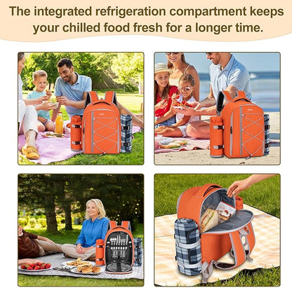 Picnic Backpack for 2 Persons with Insulated Leakproof Cooler Compartment, Cutlery Sets, Wine Holder, Fleece Blanket, Wedding Gifts for Couples, Perfect for Beach, Camping, Hiking, Orange