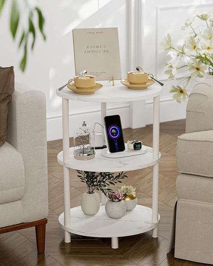 Small Round Side Table - 3-Tier Oval Accent Table for Small Spaces, Rustic Wood and Metal Nightstand for Living Room or Bedroom, with Built-in USB Ports and Power Outlet, Marble White