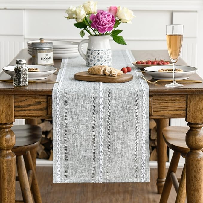 Artoid Mode Grey Rustic Cotton Linen Table Runner, Seasonal Embroidered Hollow Kitchen Dining Table Decoration for Home Party Decor 13x36 Inch