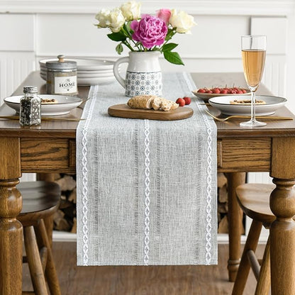 Artoid Mode Grey Rustic Cotton Linen Table Runner, Seasonal Embroidered Hollow Kitchen Dining Table Decoration for Home Party Decor 13x60 Inch