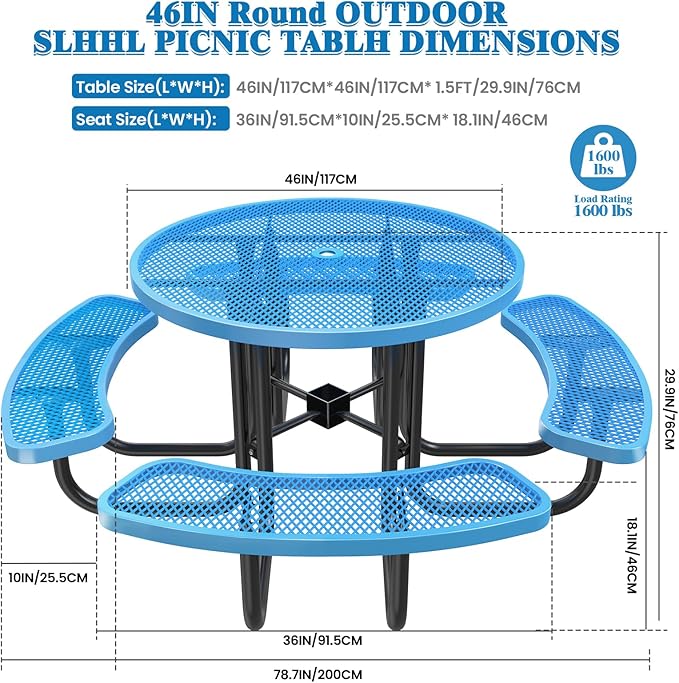 47'' Heavy-Duty Metal Picnic Tables with Umbrella Hole, Outdoor Steel Heavy Duty Commercial Grade Black Table, Outdoor Bench Set for Lawn, Patio, Park, Yard, Garden, Porch (Set C, Round)