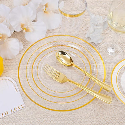 700 Pieces Gold Dinnerware Set - 100 Guests Clear Disposable Dinnerware Set for Party, Wedding, Include: 200 Clear Plates with Gold Trim, 100 Cups, 100 Napkins, 100 Plastic Silverware Sets