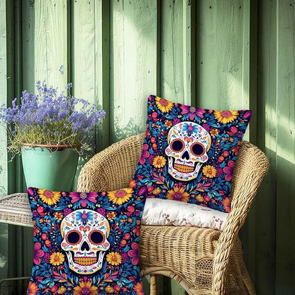 Sugar Skull Pillow Covers 18x18 Set of 2, Day of The Dead Halloween Cushion Cases for Sofa, Couch, Bed and Living Room, Home Decoration for Spring, Summer, Autumn and Winter