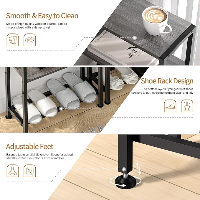 Narrow Side Table for Small Space, 2-Tier Small End Table with Shelf Holder, Slim Nightstand, Skinny Snack Couch Table in Living Room, Bedroom, Study, Kitchen and Balcony (Grey)