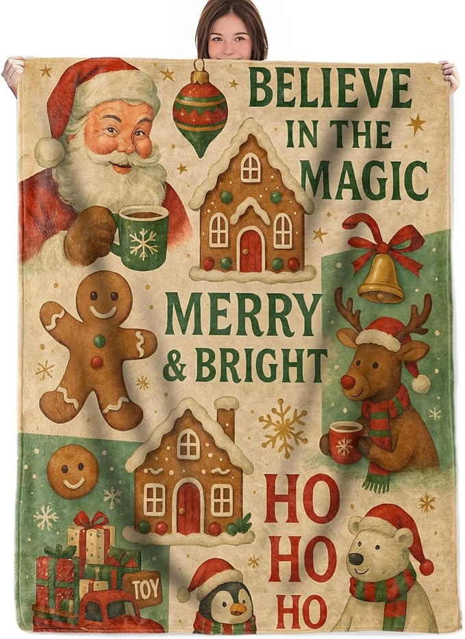 Christmas Throw Blanket Gifts for Boys Girls Kids Adults, Santa Reindeer Gingerbread Flannel Blankets for Travel Sofa Living Room Decor 60"X80"