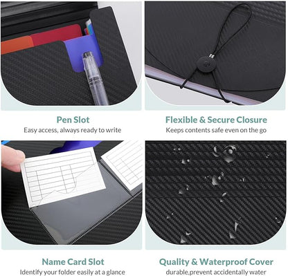 SKYDUE Accordion File Organizer, 12 Pockets File Folders, Letter Size Expanding File Folder with Colored Tabs and Expandable Cover, Portable Bill Receipt Organizer Black