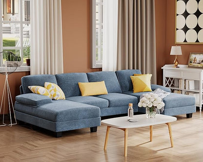 Furmax Sectional Couches for Living Room, U-Shaped Sofa Couch with Linen Fabric, 4 Seat Sofa Set with Double Chaise for Apartment (Fabric, Light Blue)